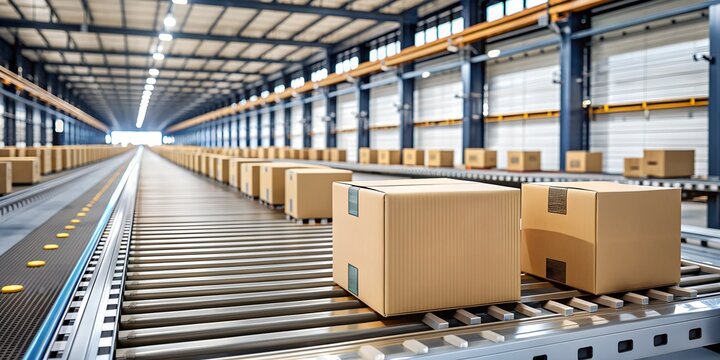 Cardboard boxes on a conveyor show the stages of logistics such as packaging, transportation, international shipping, tracking, inventory and warehousing. Electronic logistics automation concept. 