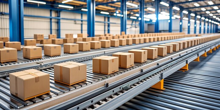 Cardboard boxes on a conveyor show the stages of logistics such as packaging, transportation, international shipping, tracking, inventory and warehousing. Electronic logistics automation concept. 