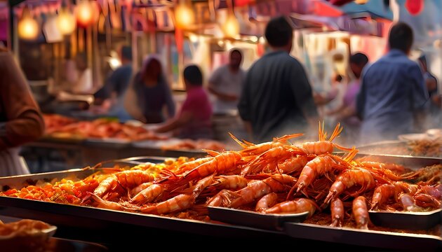 A bustling market scene depicting deep fried shrimp sizzling on a metal tray, AI Generated