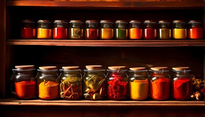 Wall Mural - Air tight jars arrayed meticulously on wooden shelves brimming with colorful spices, AI-Generated