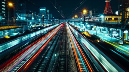 Leinwandbilder - A nighttime scene of a high-speed train station illuminated by bright lights, capturing the hustle and bustle of late-night travel