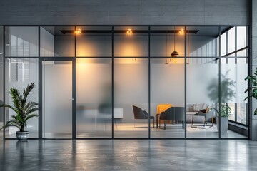 Modern office interior with glass walls, frosted partitions, and stylish furniture under warm lighting. Contemporary workspace design concept.