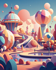 Wall Mural - Vibrant Futuristic Cityscape with Balloons and Pastel Skies