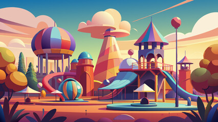 Vibrant Cartoon Amusement Park Landscape at Sunset