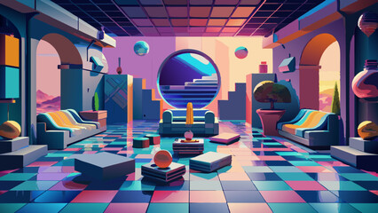 Wall Mural - Vibrant Retro-Futuristic Living Room with Neon Colors and Arcade Elements