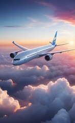 Wall Mural - Commercial airplane flying above dramatic clouds during sunset, background with copy space.