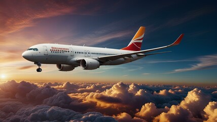 Wall Mural - Commercial airplane flying above dramatic clouds during sunset, background with copy space.