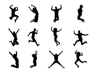 Wall Mural - Set of Person Jumping Silhouette in various poses isolated on white background