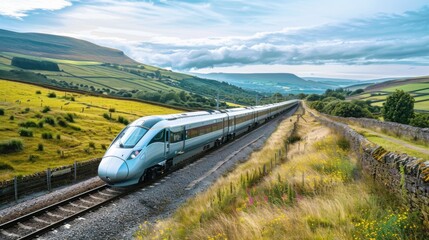 Aufkleber - A sleek, modern high-speed train speeding through a picturesque countryside, showcasing advanced technology and efficient transportation