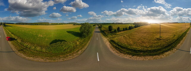 View of the fields and roads from the height of a flying drone. 