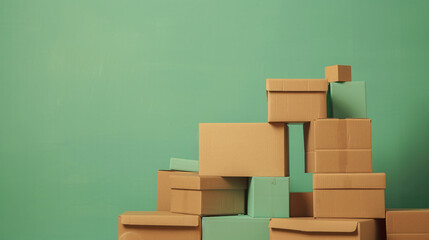 Wall Mural - Numerous cardboard boxes piled in front of a green wall