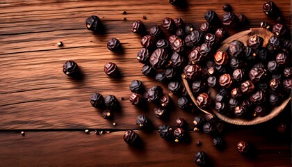 Wall Mural - Top view of peppercorns scattered across a rustic wooden tabletop, Ai Generated