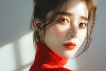 A woman wearing a classic red turtle neck sweater, suitable for casual and formal occasions