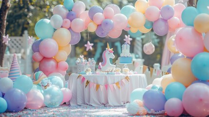 Wall Mural - A colorful party with a unicorn cake and balloons