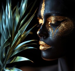 Wall Mural - Beauty black skin woman face with golden make up portrait with palm leaves on black background