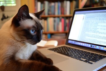 Wall Mural - A beautiful cat lounges on a table next to a laptop computer, seemingly engaged in home office work, captured in a detailed and adorable closeup portrait.