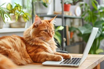 Wall Mural - A beautiful cat lounges on a table next to a laptop computer, seemingly engaged in home office work, captured in a detailed and adorable closeup portrait.