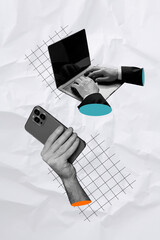 Sticker - Creative trend collage of hands hold netbook device online connection remote work unusual fantasy billboard comics zine