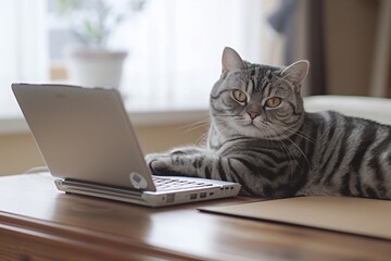 Wall Mural - A beautiful cat lounges on a table next to a laptop computer, seemingly engaged in home office work, captured in a detailed and adorable closeup portrait.