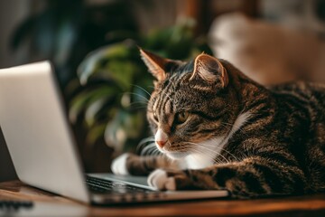 Wall Mural - A beautiful cat lounges on a table next to a laptop computer, seemingly engaged in home office work, captured in a detailed and adorable closeup portrait.