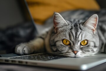 Wall Mural - A beautiful cat lounges on a table next to a laptop computer, seemingly engaged in home office work, captured in a detailed and adorable closeup portrait.