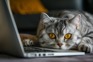 Wall Mural - A beautiful cat lounges on a table next to a laptop computer, seemingly engaged in home office work, captured in a detailed and adorable closeup portrait.