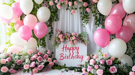 Wall Mural - A birthday party with pink and white balloons and flowers