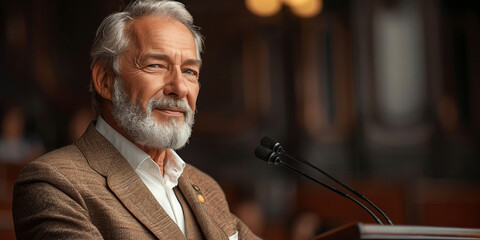 Sticker - The chairman, a confident and handsome businessman, delivers a compelling speech from the conference podium.