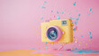 © Popovo - .Creative and simple depiction of a yellow professional camera floating surrounded by colorful paint around it on a gentle light pink background, embodying the spirit of creative and inspirational pho