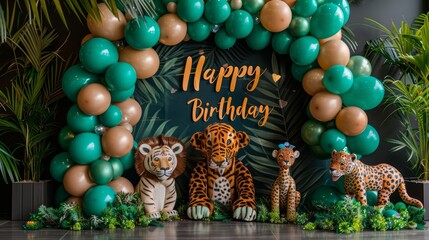 A green and brown birthday party with balloons and stuffed animals