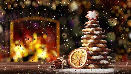 Wall Mural - Homemade Gingerbread cookies Christmas Trees with fireplace and falling glitter.