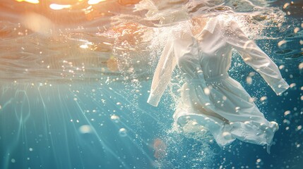 cleaning clothes washing machine or detergent liquid commercial advertisement style with floating shirt and dress underwater with bubbles and wet splashes laundry work as banner design with copy space