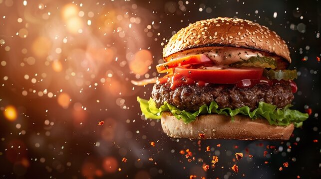 fresh prime chick patty angus or wagyu beef burger sandwich with flying ingredients and spices hot ready to serve and eat food commercial advertisement menu banner with copy space area