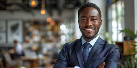 A delighted black executive radiates confidence and cheer in a corporate office portrait.