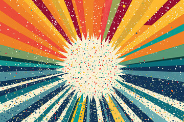 Wall Mural - Sun burst in retro style with grungy dots. Vintage sun rays background..