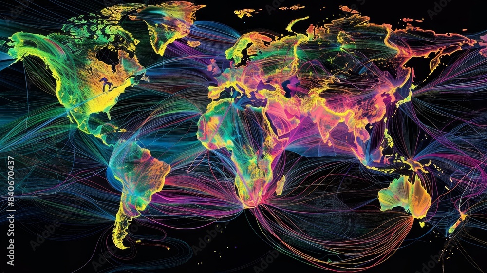 Global internet traffic map with undersea cables and data hubs ...