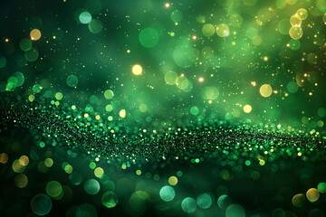 Wall Mural - Abstract green glitter bokeh background with wavy patterns and sparkling lights