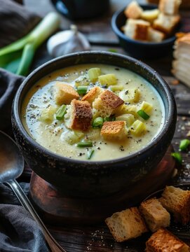 A warm and inviting bowl of soup served with crunchy croutons and fresh bread, perfect for a cozy meal