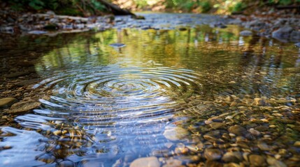 A closeup of a crystalclear stream showcasing the stunning detail of each individual ripple and the way it distorts the reflections of the surrounding trees and sky