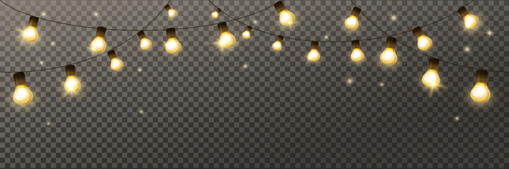 Light bulbs seamless garland. Isolated holiday decoration, lamps frame. For Christmas, Ramadan, Al-Adha Eid banners, wedding or birthday cards. Transparent background can be removed in vector format.