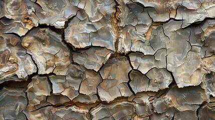 Wall Mural - Cracked and weathered bark exposing a crisscross pattern of thin and brittle strips curling at the edges