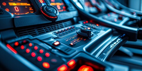 Wall Mural - A close-up image of a control panel with illuminated buttons and a rotary knob