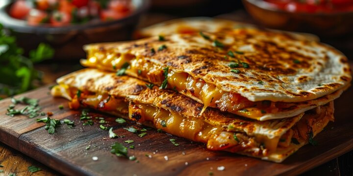 Close-up of three golden brown quesadillas filled with melted cheese and fresh herbs, resting on a wooden cutting board