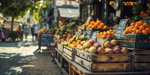 Wall Mural - A selection of fresh fruit displayed in wooden crates at a market in Europe