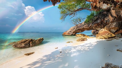 Wall Mural - High-resolution HDR wide-angle photograph of a rainbow over the white sandy beach of Song Khaan Island, Thailand, featuring exotic landscape, blue sky, and tropical paradise with stunning details.