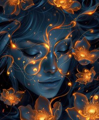 Abstract woman face with blue skin and golden flowers and lights on dark background