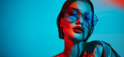 Wall Mural - A model in aviator sunglasses under a cool blue monochromatic light