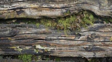 Wall Mural - Smooth and grained the rough edges of these timeworn beams are softened by a layer of delicate moss adding a touch of natural charm