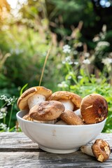 Poster - fresh mushrooms in a white bowl on a wooden table. Selective focus