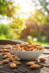 Wall Mural - almond nuts in a white bowl on a wooden table. Selective focus